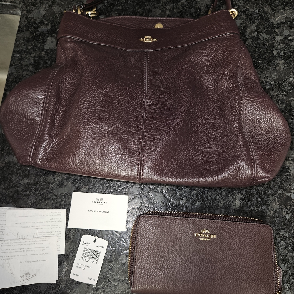 Coach Women's Dark Purple Leather Shoulder Bag Matching Wallet Never Used